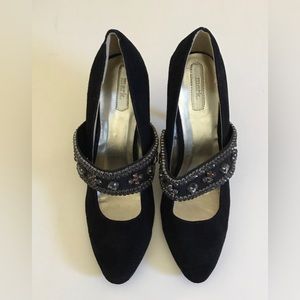Mary Jane Black Suede Sparkled Strap Slip on Shoes